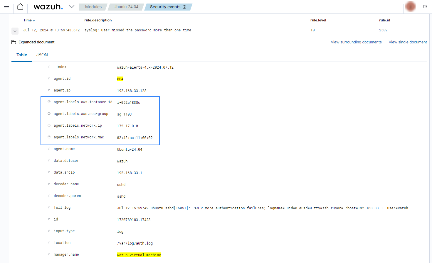 Alert with agent labels