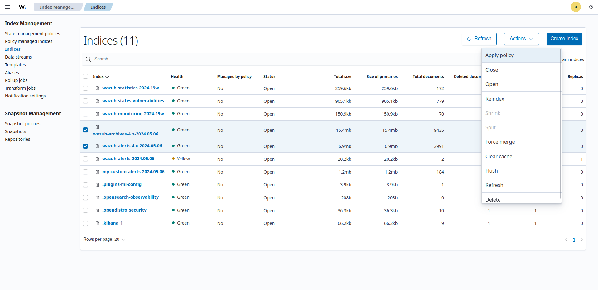 Apply policy to indices
