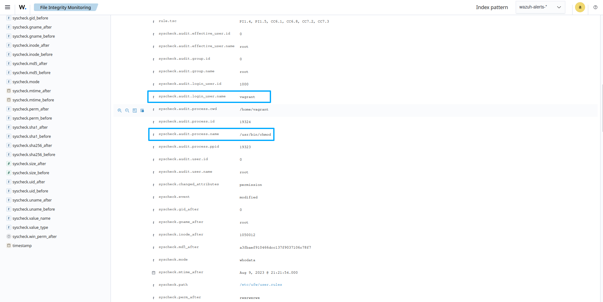 Check syscheck fields