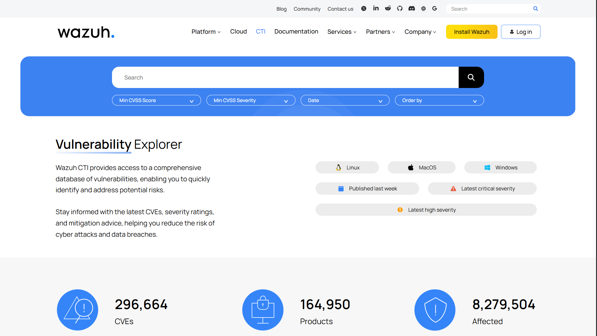 Wazuh CTI website landing page top
