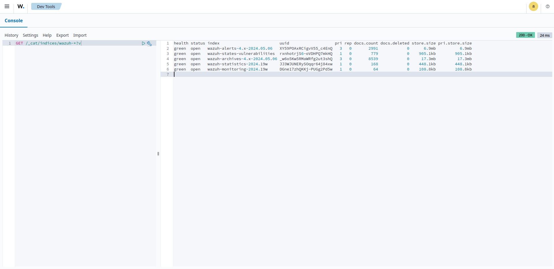 Dev Tools indices list