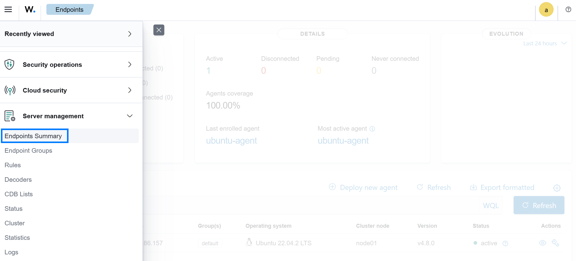 Wazuh dashboard – Agents management summary menu option