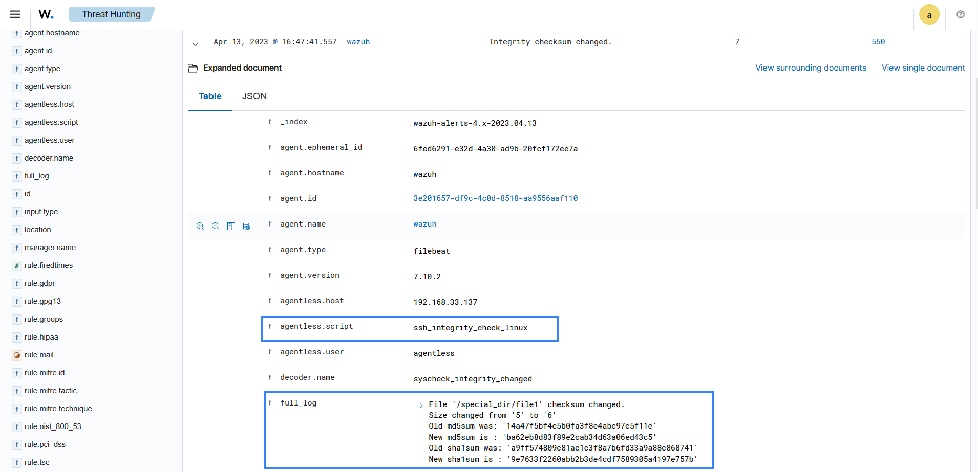 Expand one of the alerts with rule.id:550