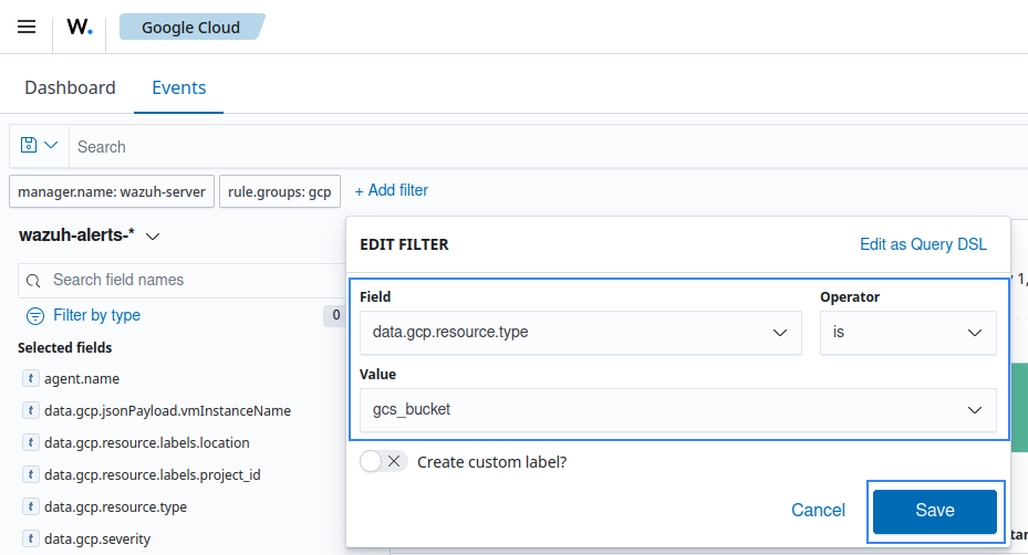 Filter Google Cloud storage and usage logs – Resource type
