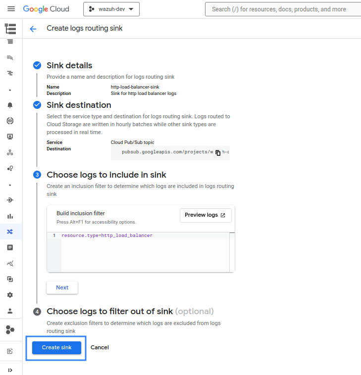 Create logs routing sink – HTTP load balancer