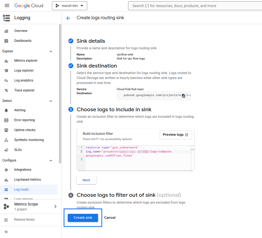 Create logs routing sink