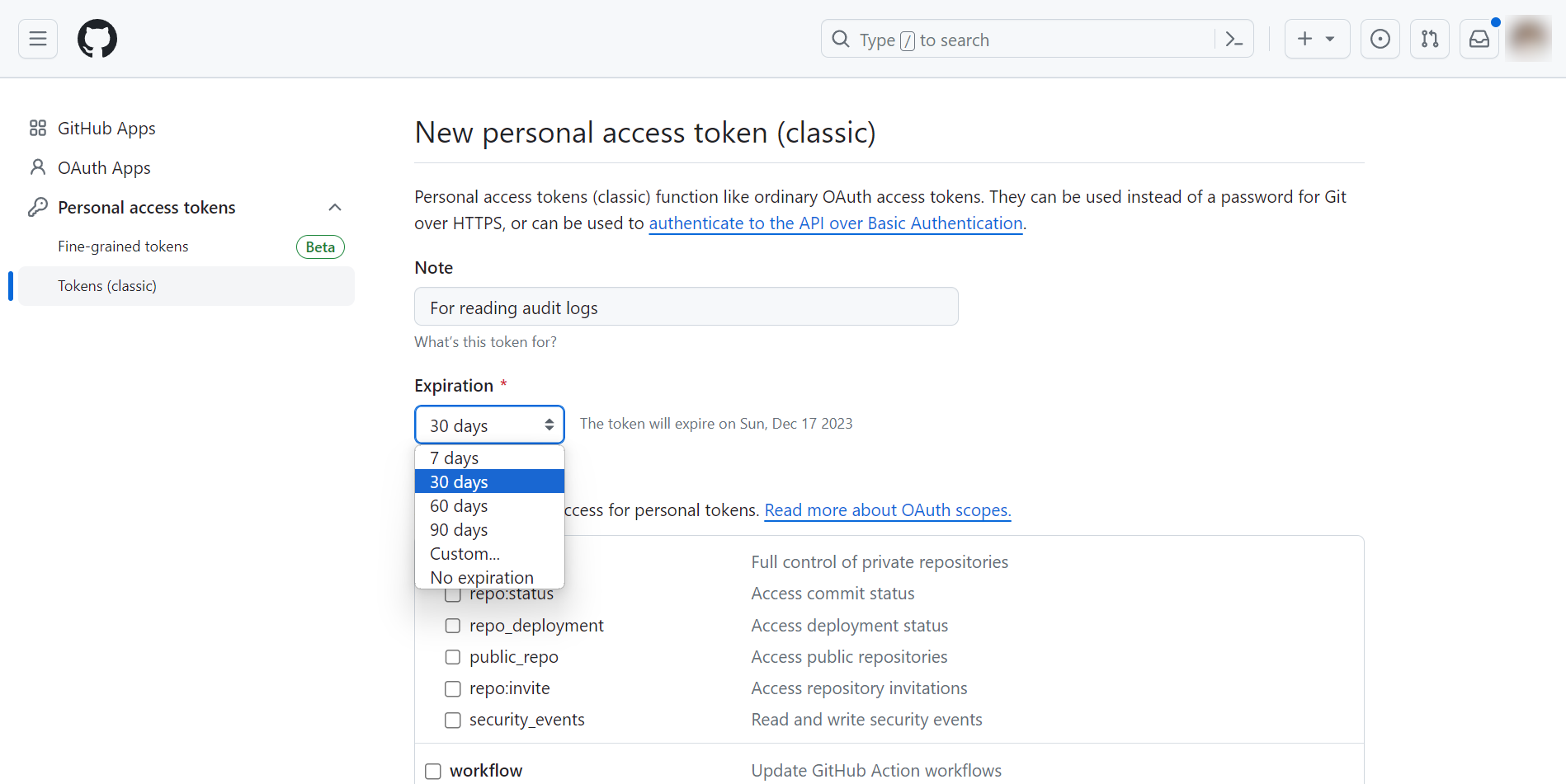 GitHub new personal access token
