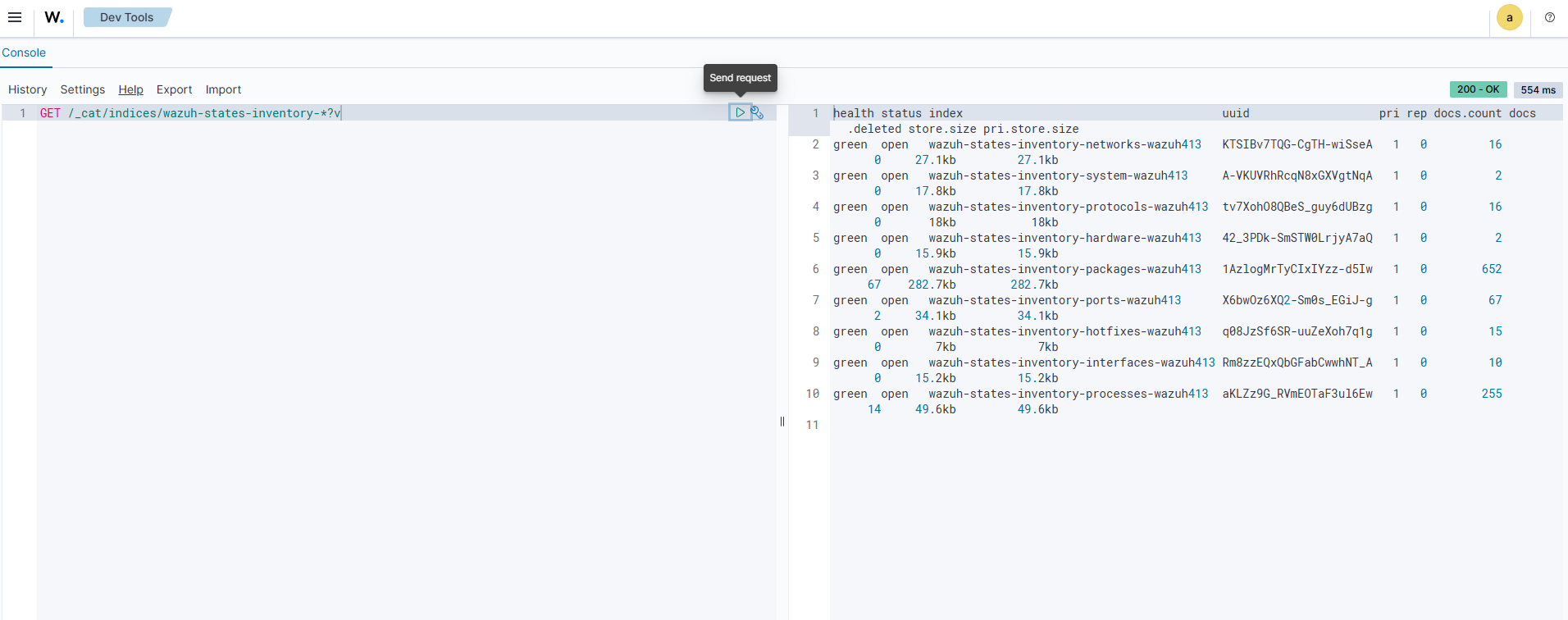 Wazuh indexer API console