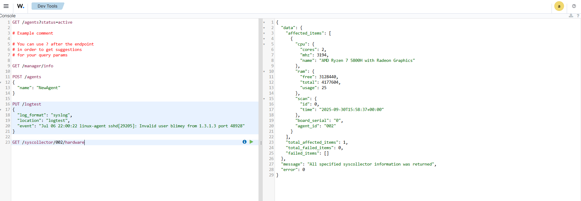 Wazuh server API console