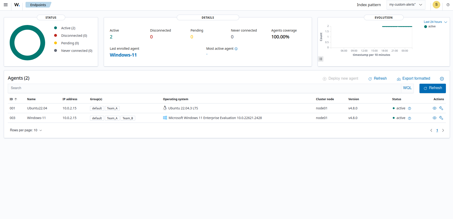 New user's environment - Only information regarding Team_A agents is displayed
