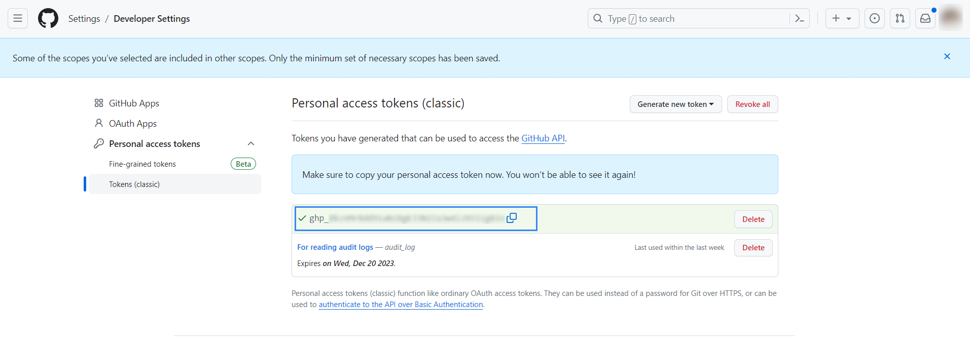 Copy generated token
