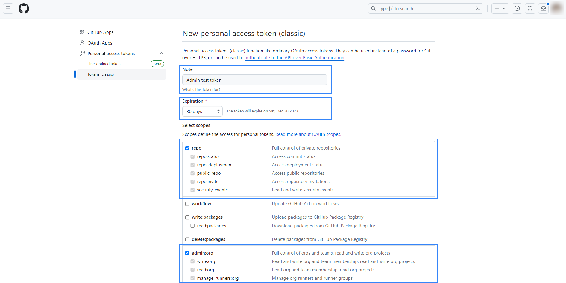 GitHub new personal access token