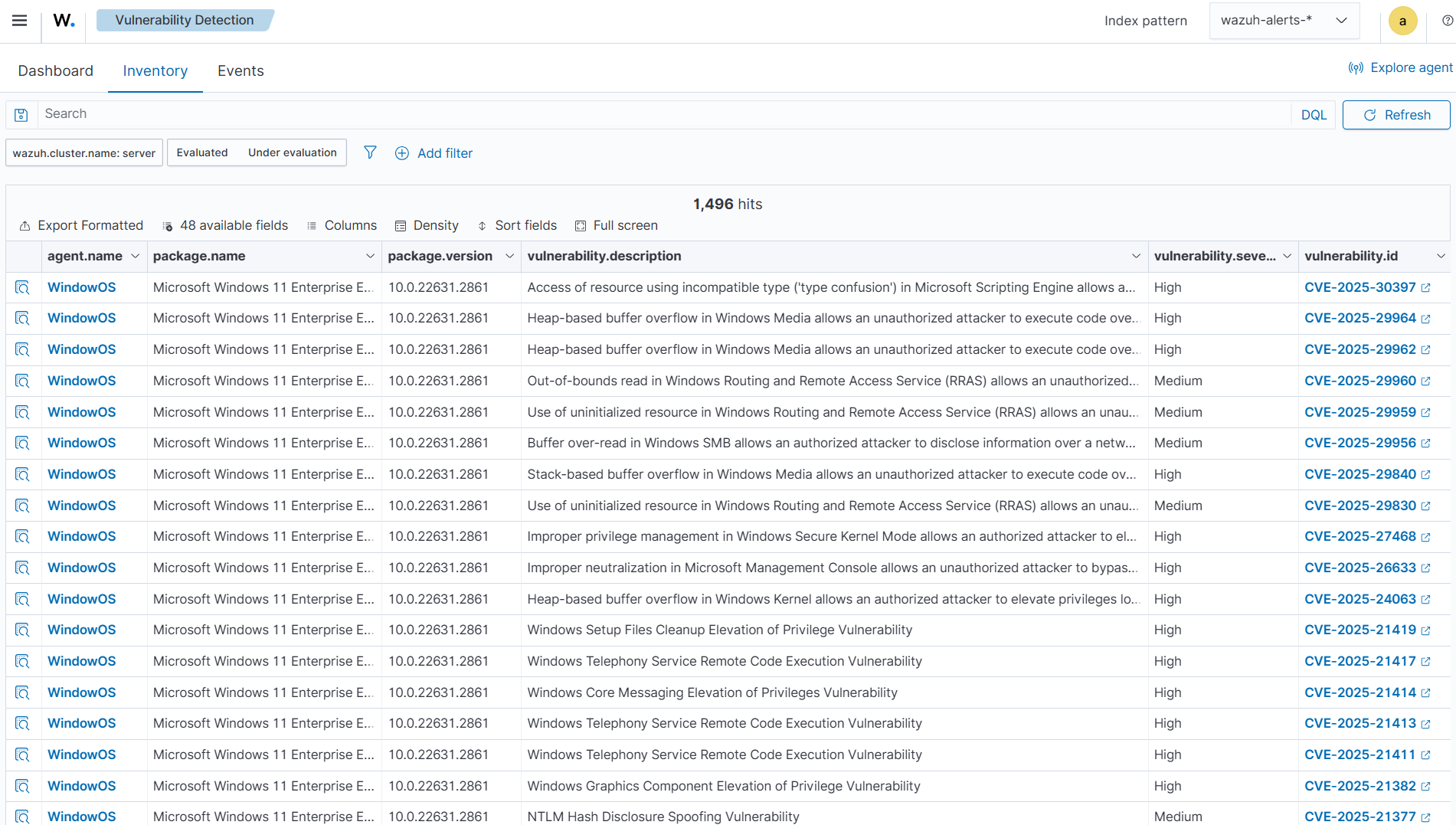 Vulnerability detection inventory