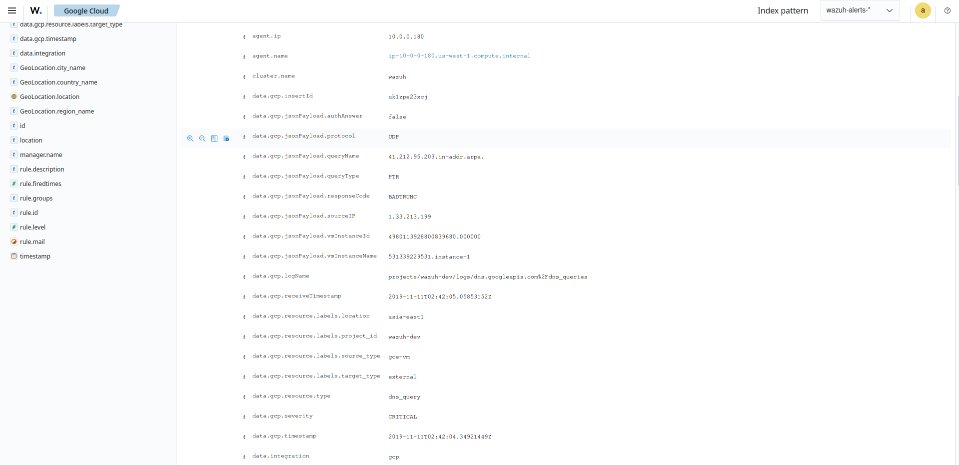 Example GCP log on the Wazuh dashboard