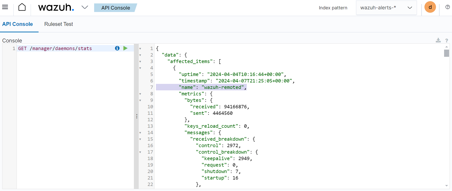 Statistical query of the Wazuh daemons showing wazuh-remoted stats.