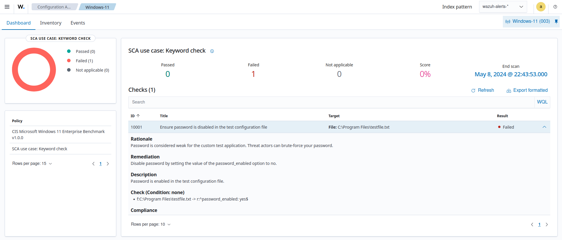Windows results of the custom SCA check